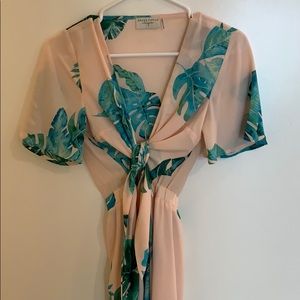 Pink palm print front tie wide leg jumpsuit